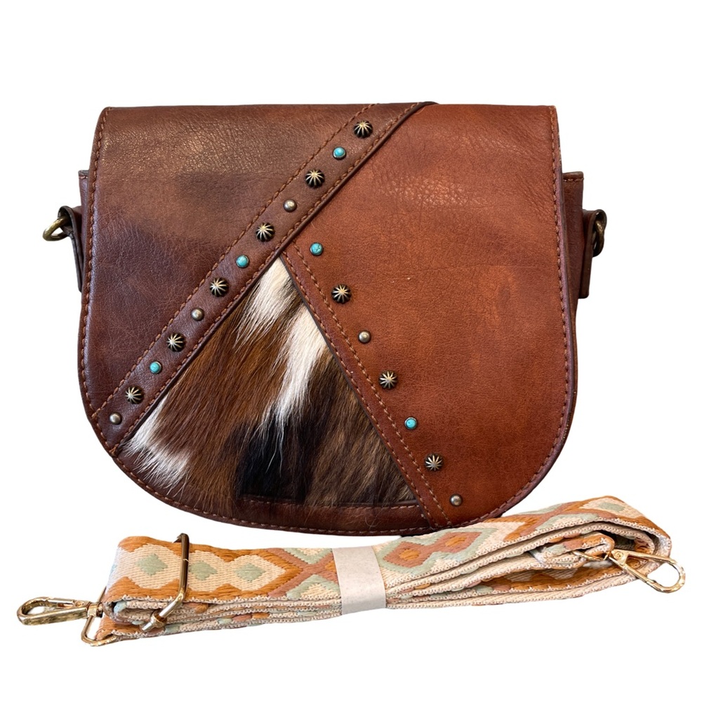 Brown Leather Crossbody Bag with Haircalf Accent